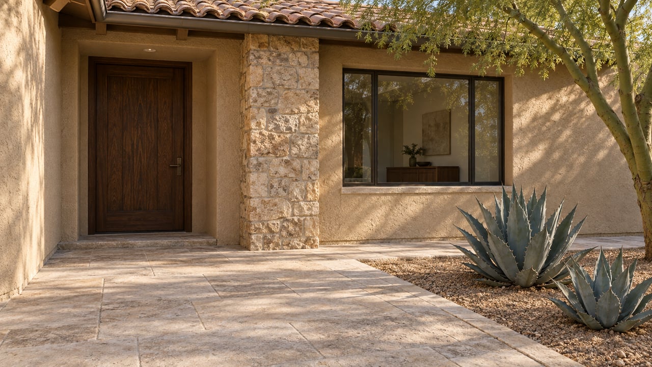 Warm stucco entry courtyard with a wood door, deep-set window, limestone paving and sculptural desert planting.