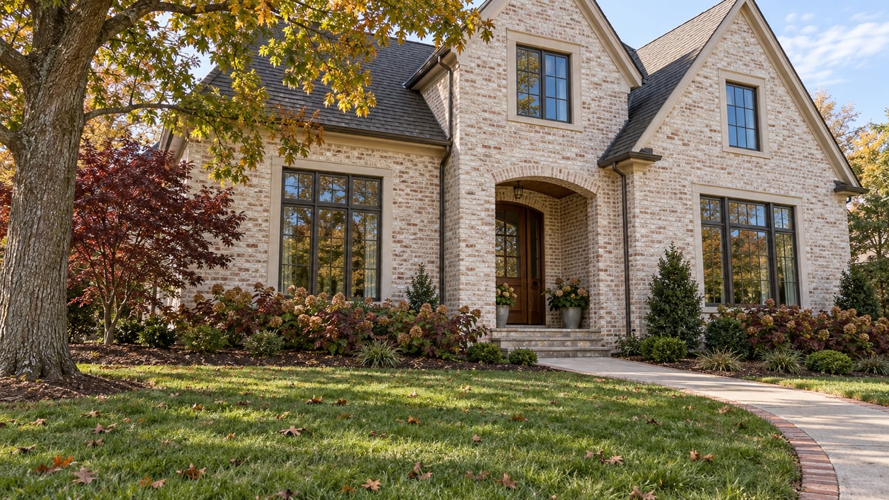 Limewashed brick home behind a deep lawn, with steep gables, a recessed arched entry and mature trees turning autumn colors.