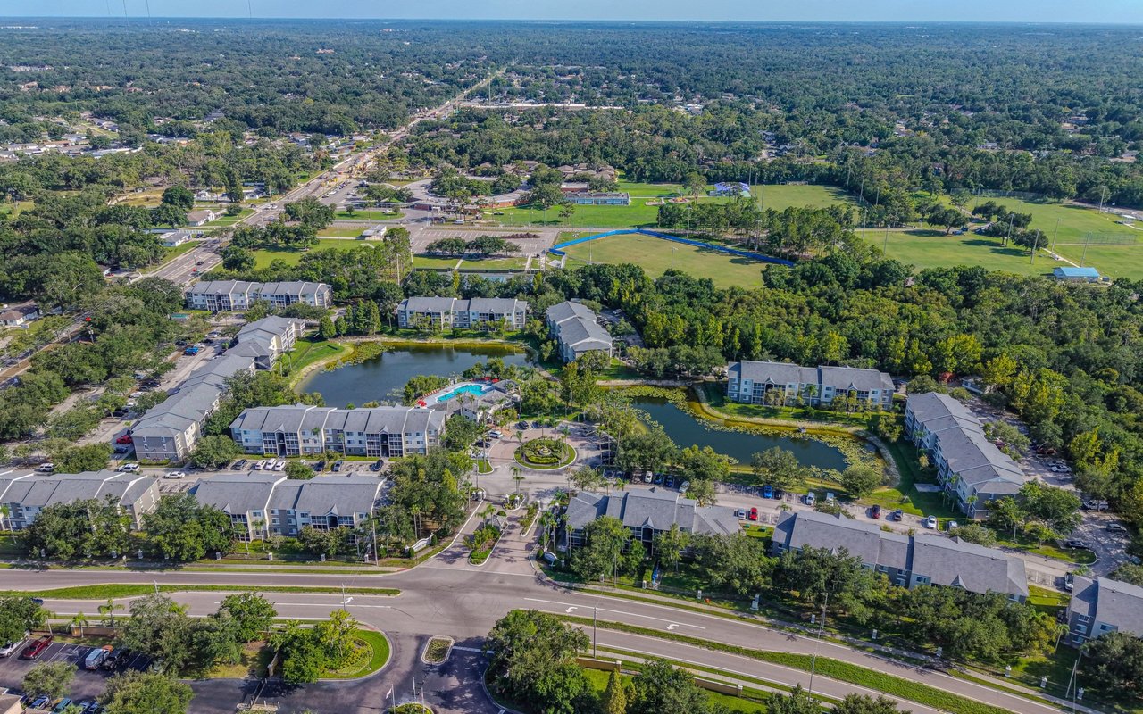 Aerial view of Brandon apartments beside two ponds and tree-lined roads.