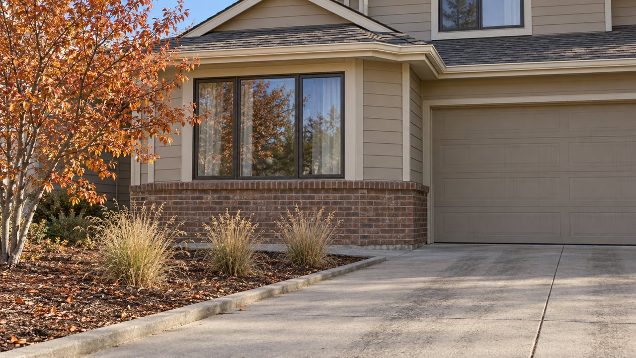 Autumn sunlight on beige lap siding, a brick-based living-room bay and a tan garage beside a concrete driveway.