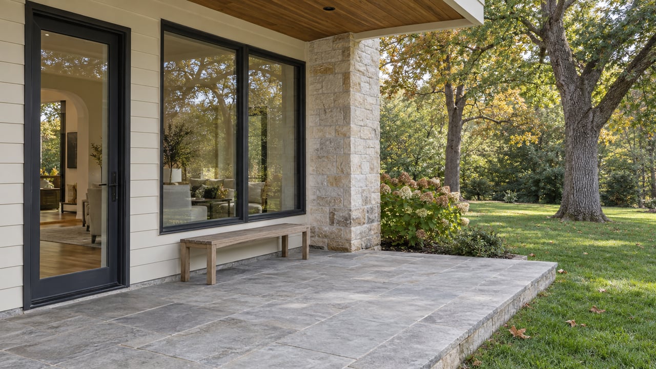 Stone patio with a wooden bench beside black-framed glass doors, opening onto an autumn garden.