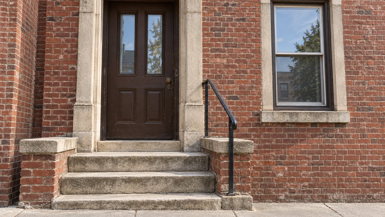 Brick rowhouse with a deep-umber door, limestone stoop, and black iron handrail.
