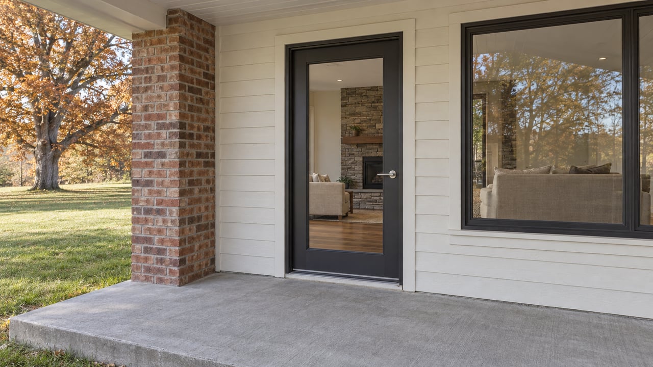 Covered porch with red-brown brick, off-white siding and closed dark-framed glass overlooking a warm living room, beside an autumn white oak.