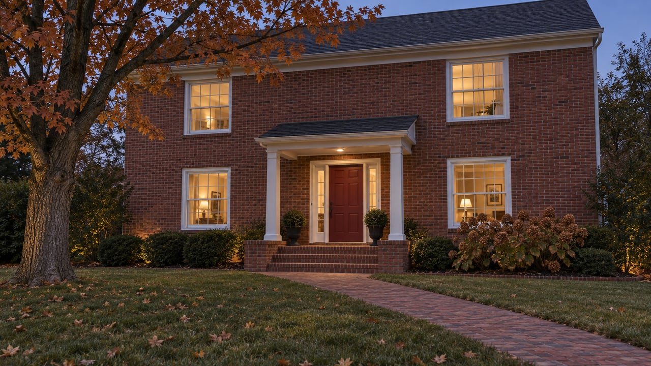 Two-story brick home with white trim, a red entry door and warm windows beyond a broad late-autumn lawn at dusk.