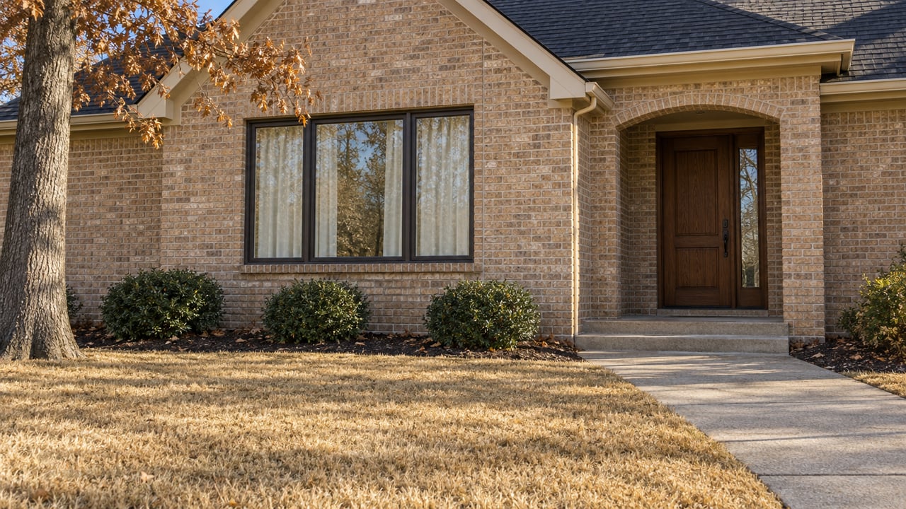 Morning light on a buff-brick house with a sheltered oak front door, bronze-framed window, and a broad lawn crossed by a concrete walk.