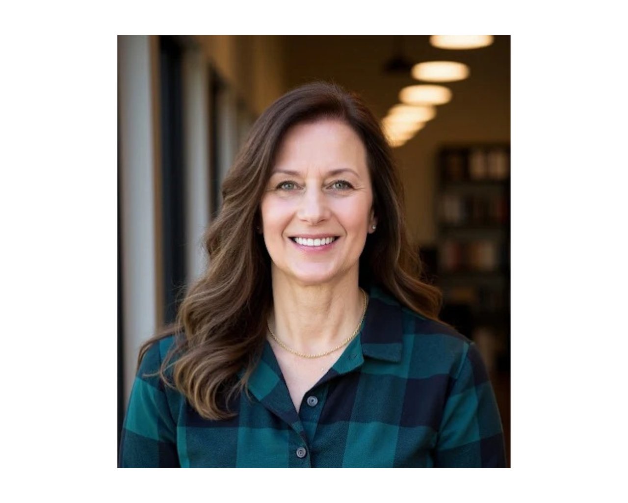 Linda Newton smiling in a teal-and-navy plaid shirt, with long wavy brown hair.