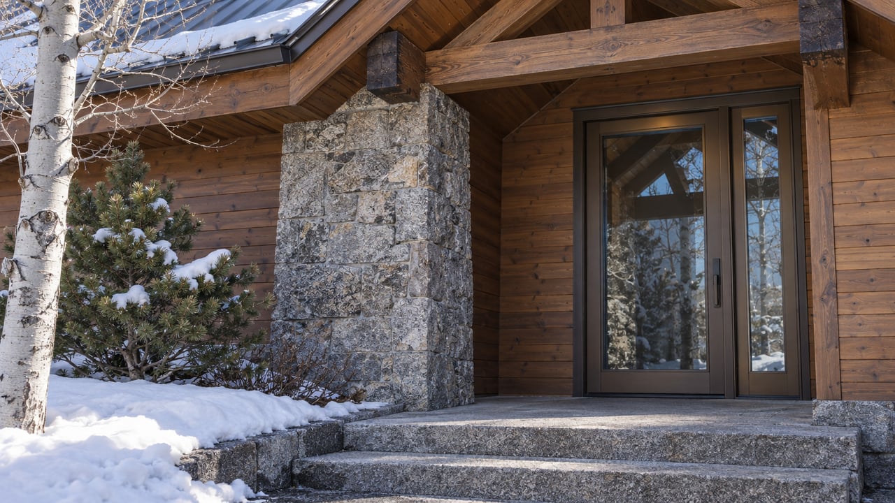 Snow-edged granite steps lead to a glazed townhome entrance beneath a timber gable, beside cedar siding and a stone pier.