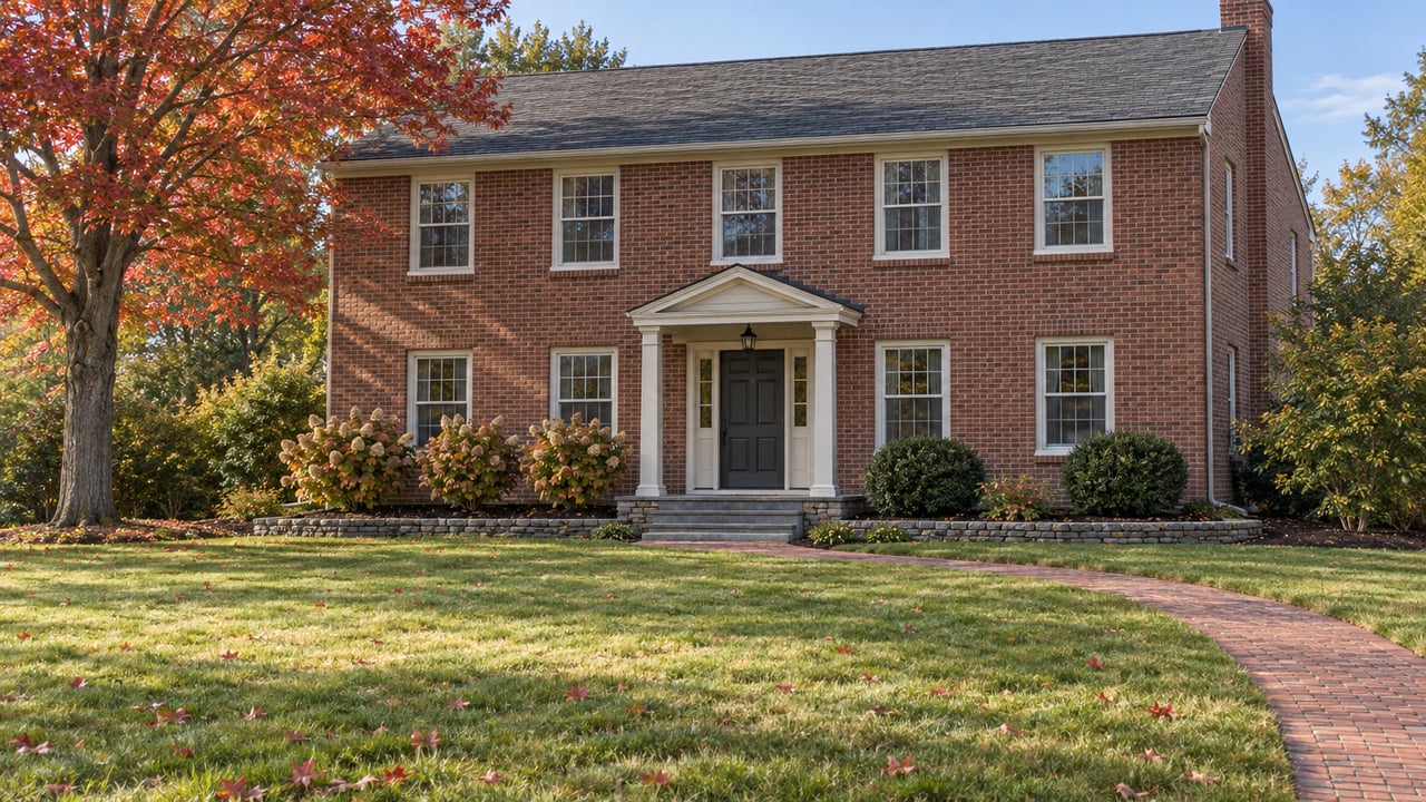 An established brick colonial beyond a deep front lawn, with a red maple, autumn hydrangeas and a curved brick approach.