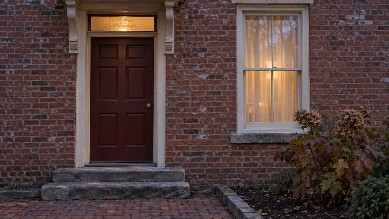 Historic brick home entrance at blue hour, with an oxblood door, cream window trim, worn limestone steps, and an oakleaf hydrangea.