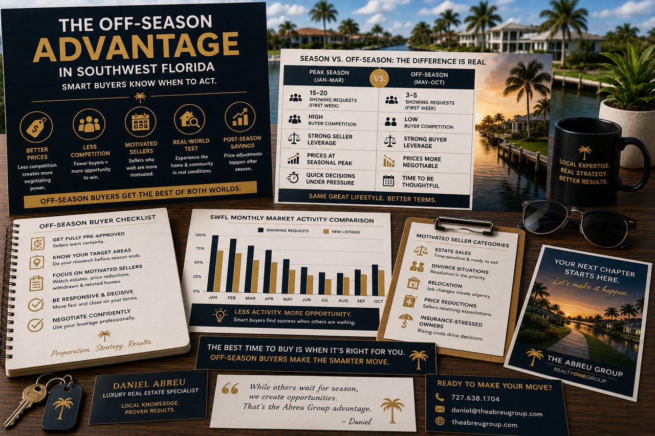 Discover the hidden advantages of buying a home in Southwest Florida during the off-season. Learn how reduced competition, motivated sellers, lower prices, and stronger negotiating power can help buyers find exceptional opportunities in Naples, Fort Myers, Bonita Springs, Estero, and Cape Coral.