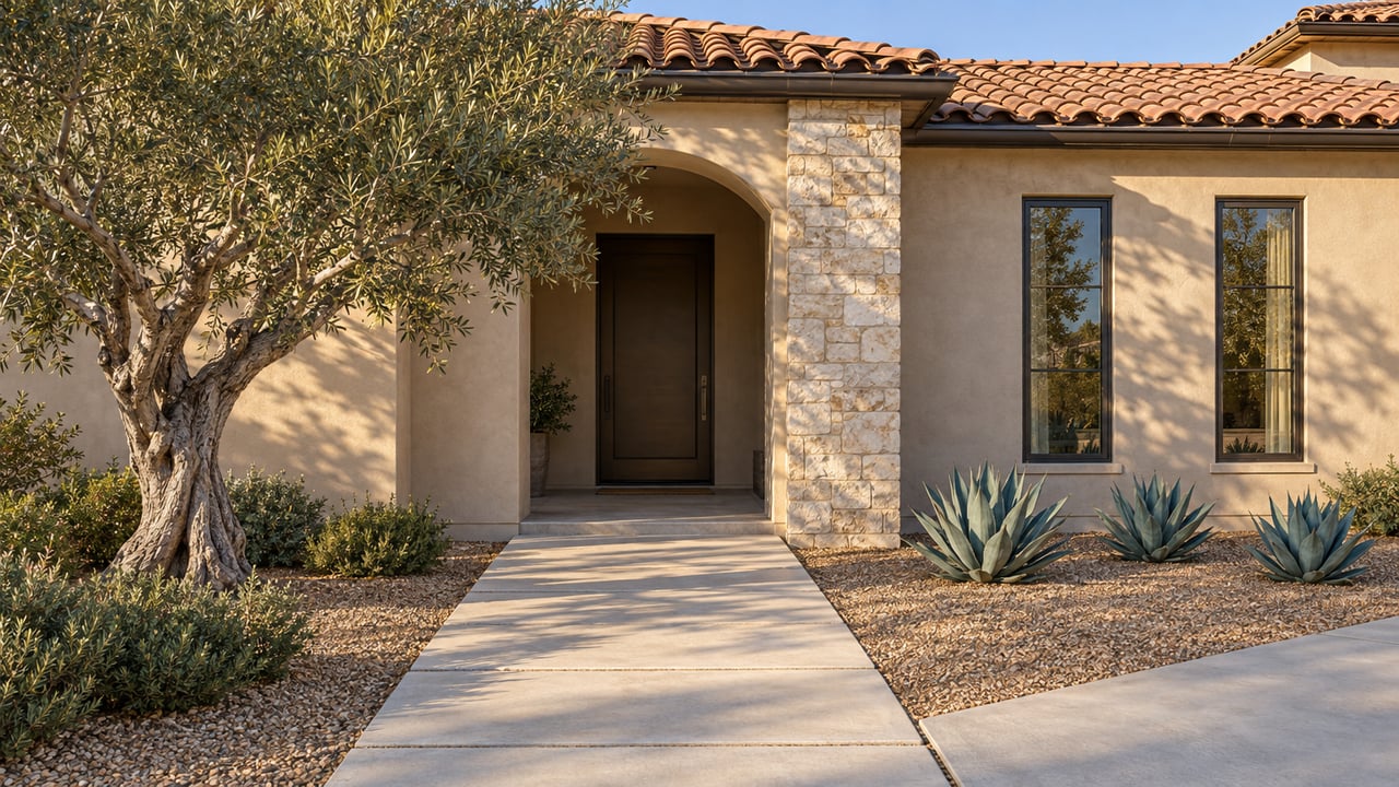 Sand-colored stucco house with a barrel-tile roof, arched entry, olive tree, and agaves beside a concrete walkway.