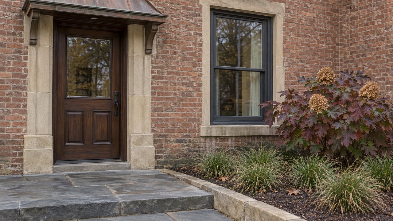 Historic brick home's oak entry door and tall sash window beside an autumn oakleaf hydrangea and a worn bluestone approach.