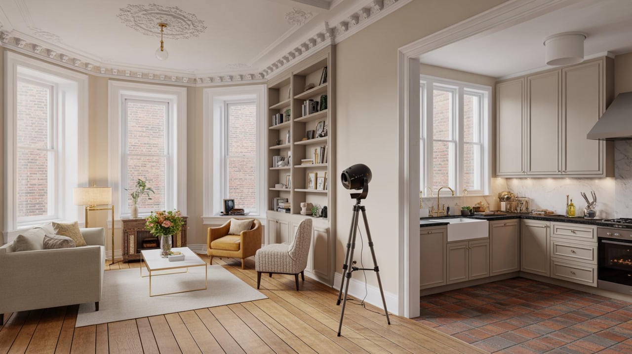 Bright living room with bay windows and built-in shelves opens into a compact corner kitchen.