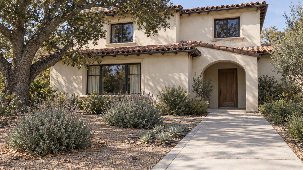 Warm stucco home with clay roof tiles, recessed oak entry and a broad concrete approach beside an oak-shaded garden.