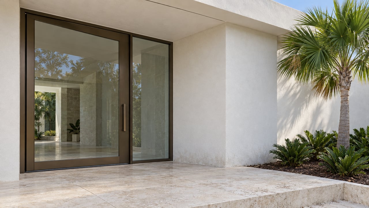 Sunlit pale stucco entry with bronze-framed glazing, limestone paving and a sculptural fan palm.