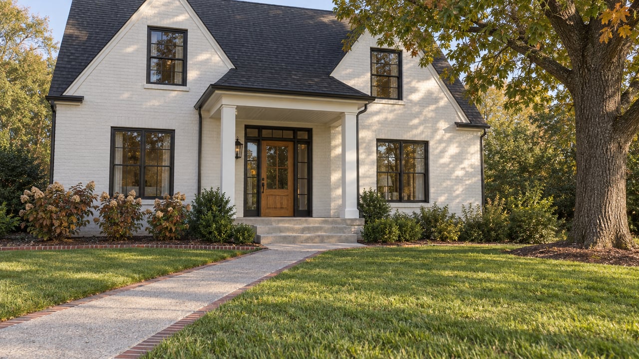 White-painted brick home with a steep charcoal roof, black-framed windows, an oak entry door and a deep front lawn beside a mature oak.
