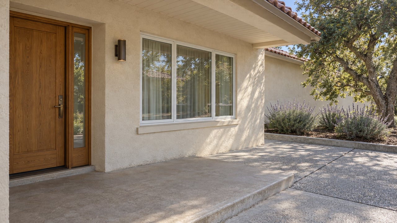 Sunlit stucco home entry with an oak door, tiled eave, concrete porch and driveway bordered by an oak tree and Cleveland sage.