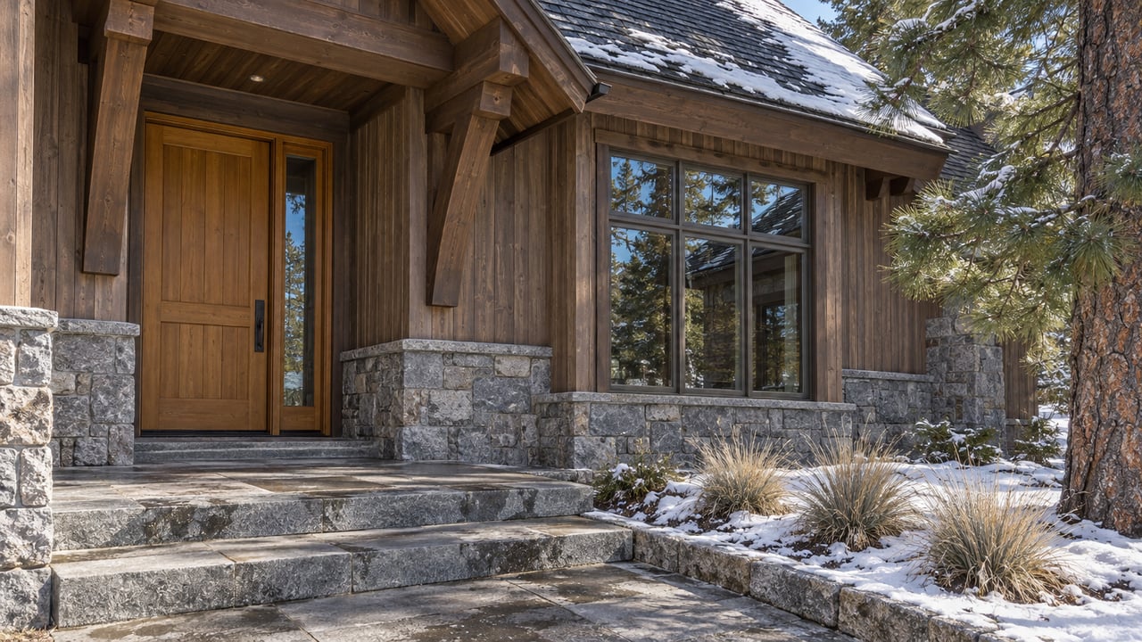 Early snow beside a cedar-clad home's recessed wood entry, granite steps and bronze-framed window.