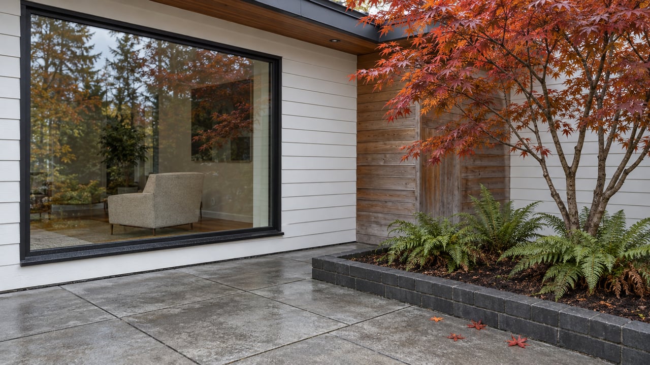 A black-framed residential window beside white siding and weathered cedar, overlooking a concrete terrace and a brick-edged bed with autumn vine maple and sword ferns.
