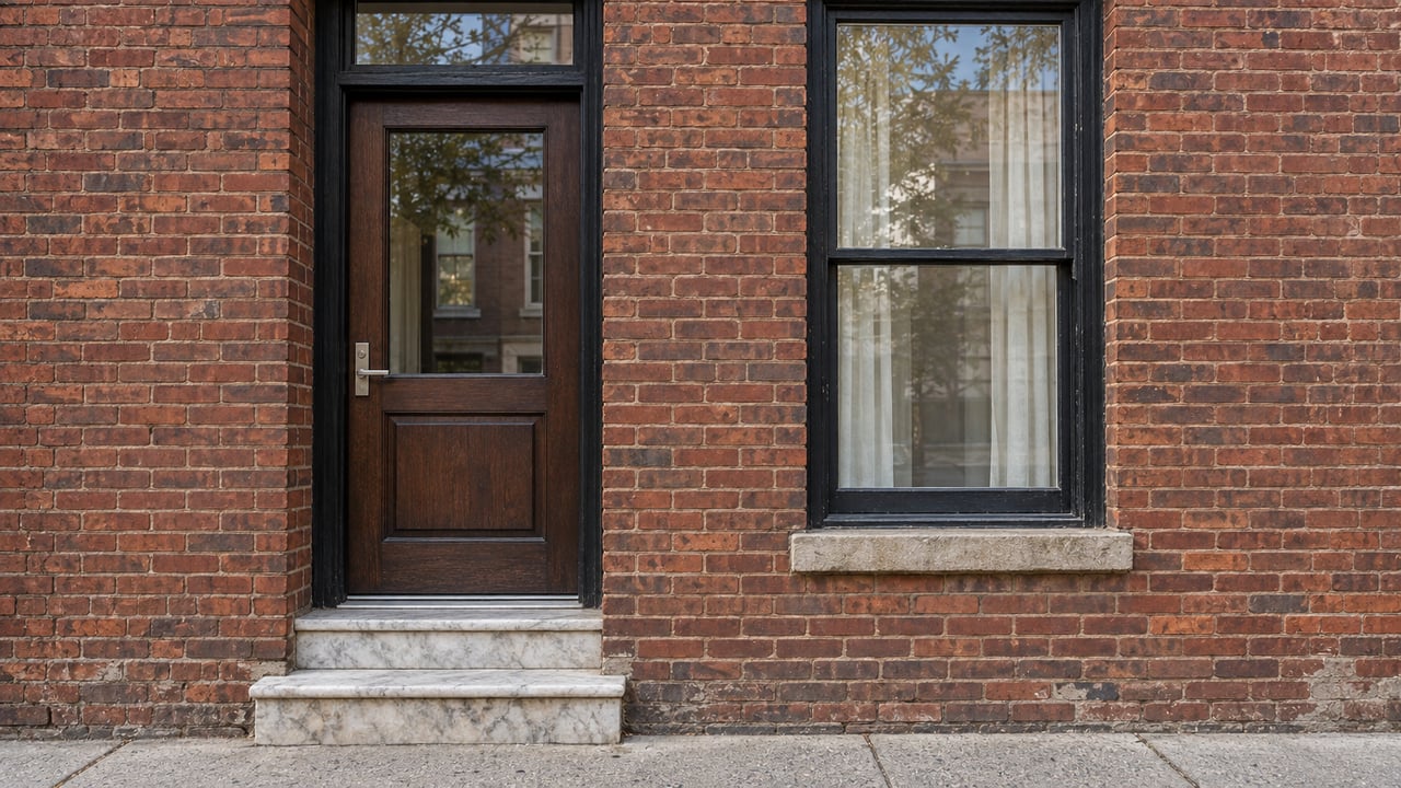Close view of a brick townhouse entrance with a dark oak door, tall black-framed window, and worn pale stone steps.