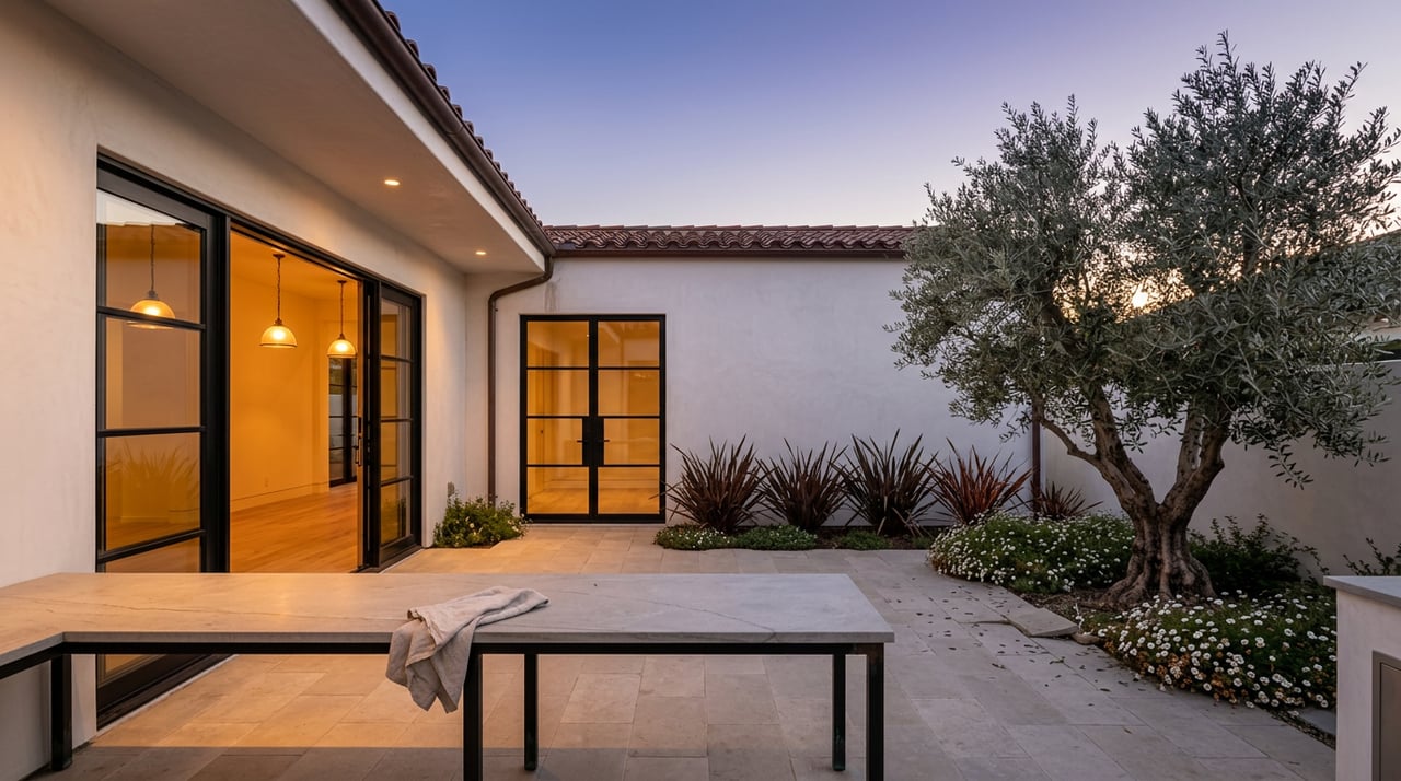 Stone terrace with an outdoor counter, olive tree, and open glass doors glowing beneath a clay-tile roof.