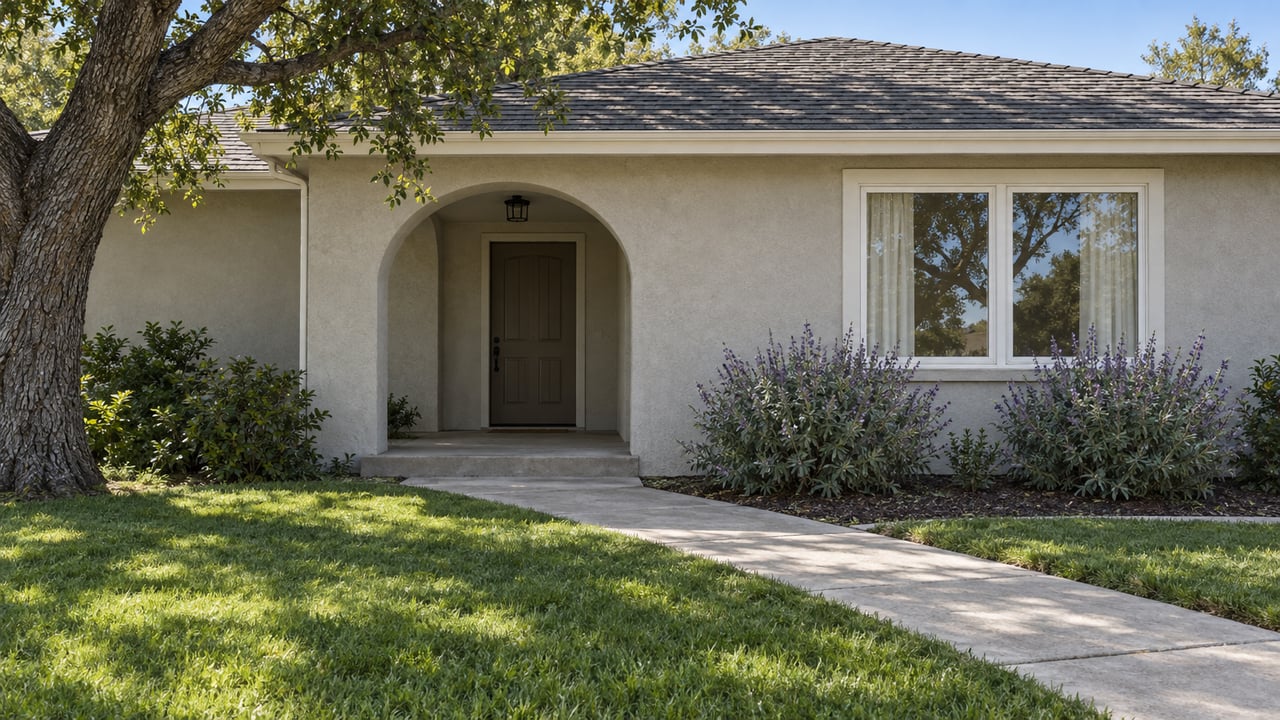 A light-stucco home with an arched entry, concrete front walk, green lawn and a mature oak at the edge of the yard.