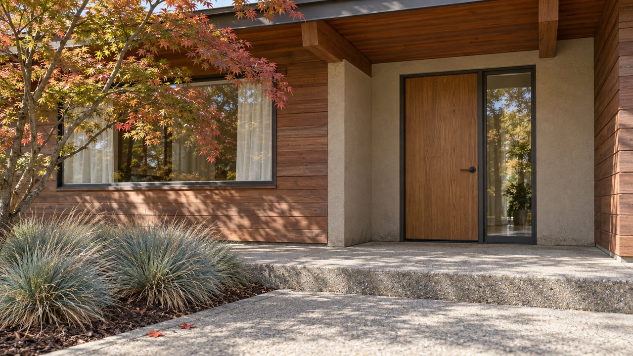 Autumn maple beside a recessed oak front door, redwood siding and an exposed-aggregate concrete porch.