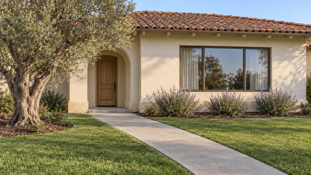 Warm sunlight crosses a deep front lawn and concrete approach to an ivory stucco home with clay roof tiles, an arched oak entry and wide bronze-framed windows.