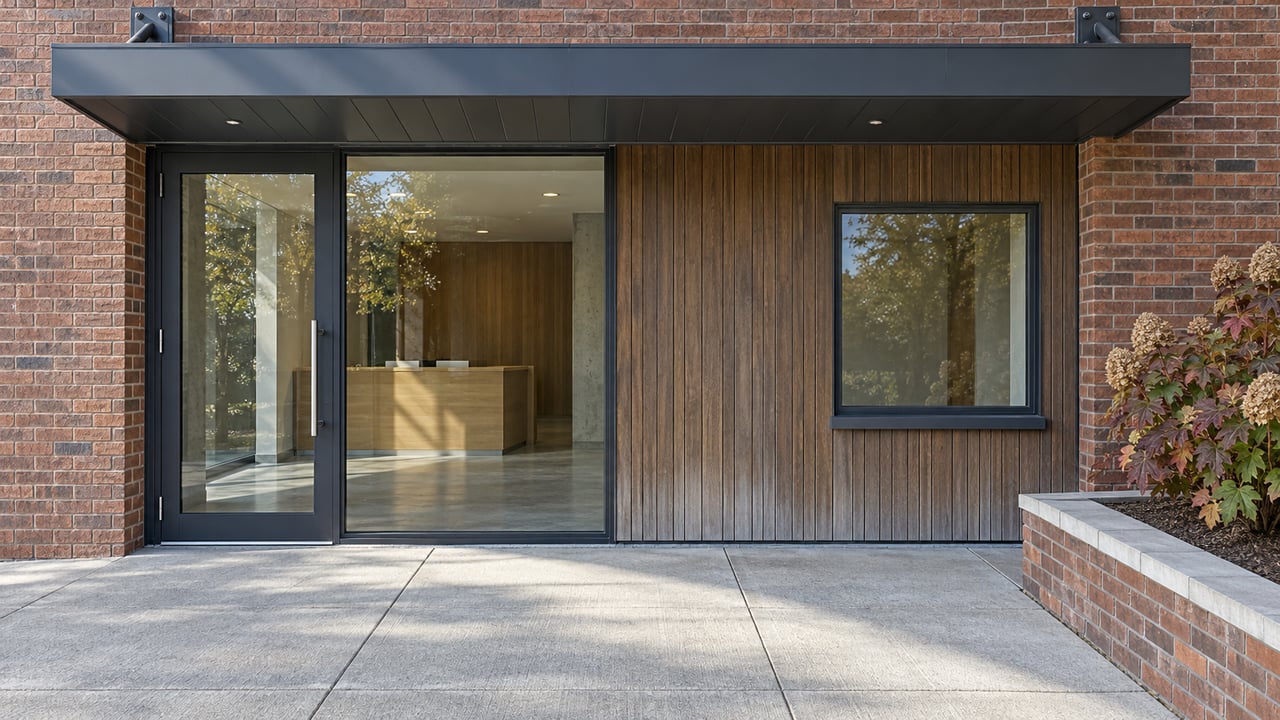 Brick commercial entrance with charcoal steel canopy, glass doorway, weathered timber cladding and a raised planter in clear daylight.