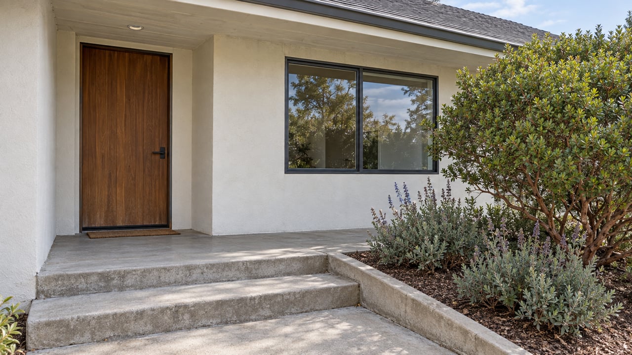 Sheltered entry of a single-story home with an ivory stucco wall, stained wood door, dark-framed window and manzanita beside concrete steps.