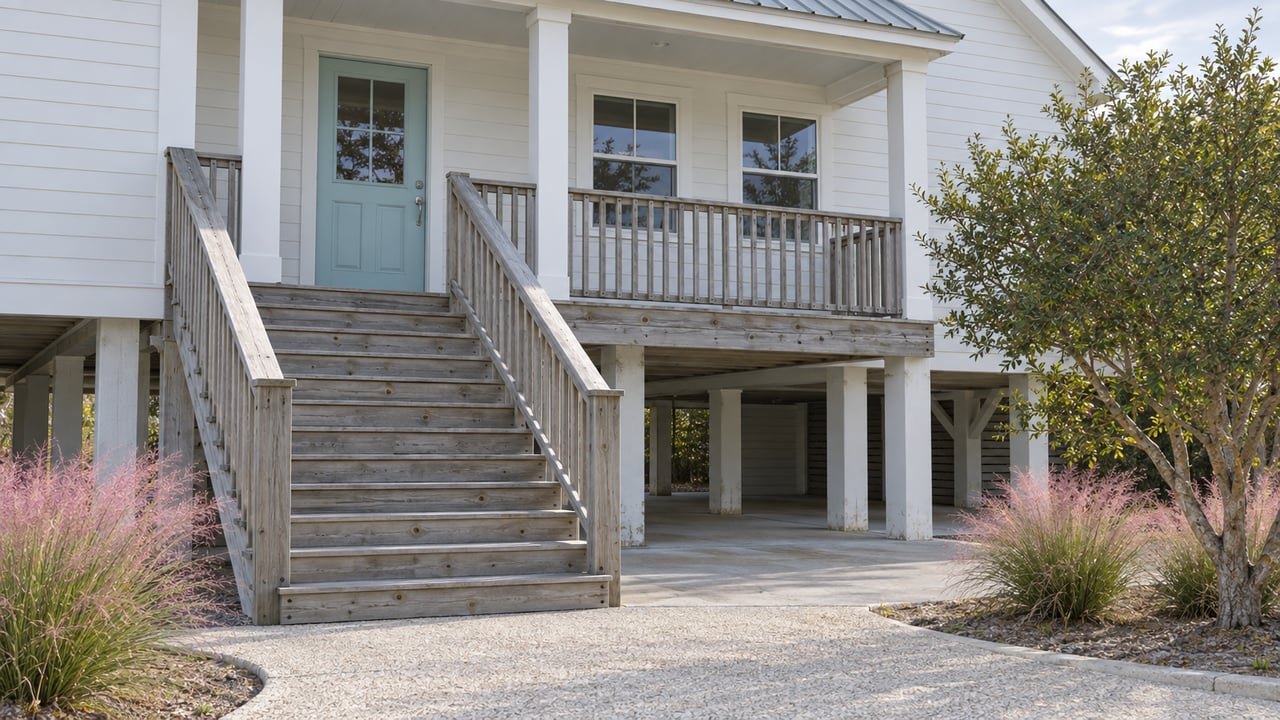 White raised house with an aqua entry door, weathered timber stairs and pink muhly grass beside a shell-aggregate walk.