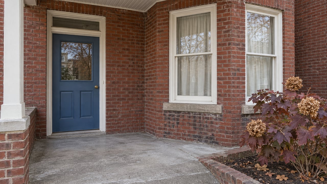 Red brick rowhome entrance with a blue door, white-trimmed bay windows and burgundy oakleaf hydrangea beside a worn concrete porch.