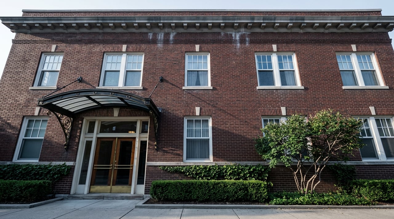 Red-brick cooperative building with a wrought-iron glass canopy, boxwood hedge, and cast-stone cornice.