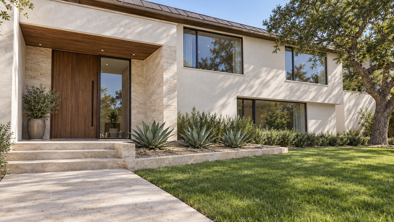 Custom stucco and limestone home with bronze-framed windows, a walnut entry door, broad stone steps and a mature oak beside the lawn.