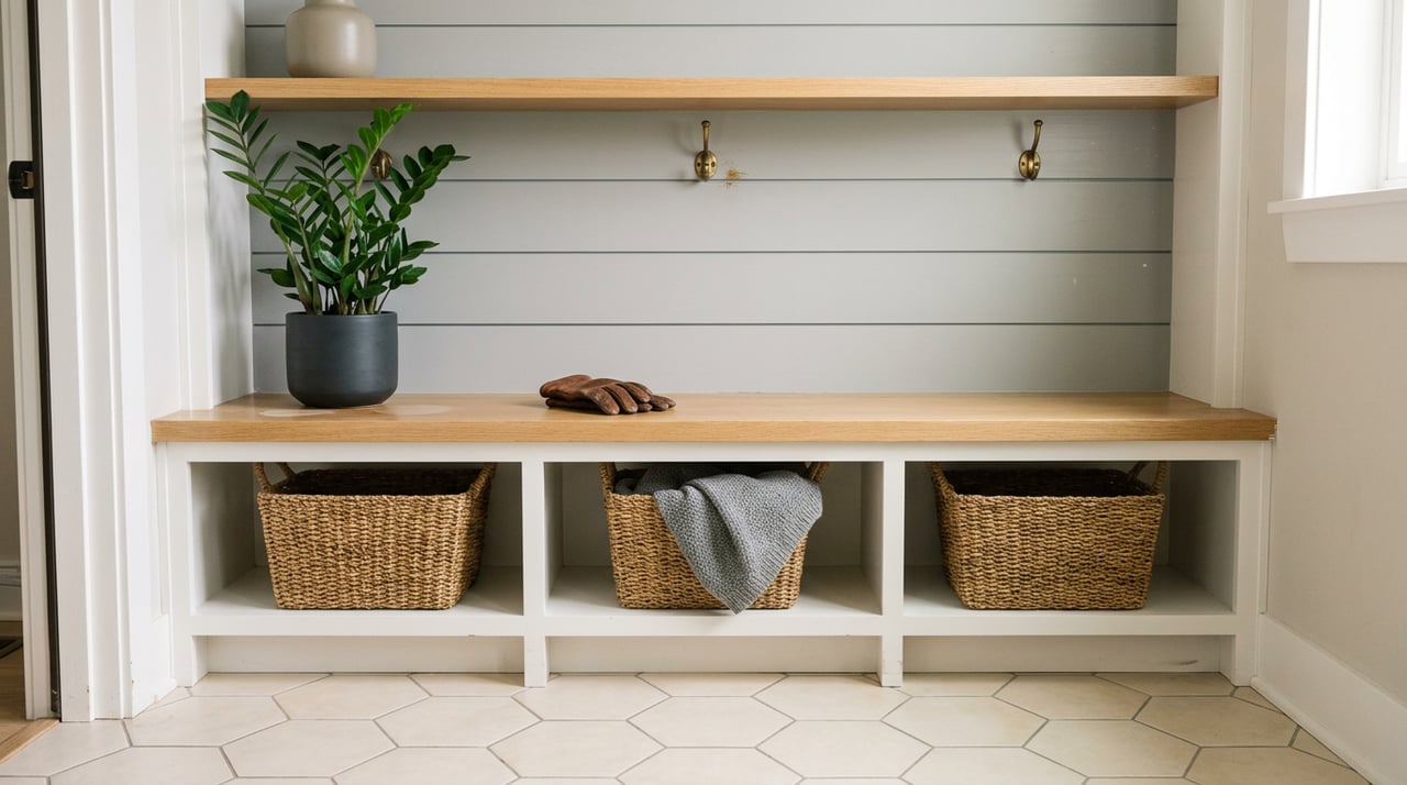 Built-in mudroom bench with brass hooks, seagrass baskets, a gray throw, and a potted plant.