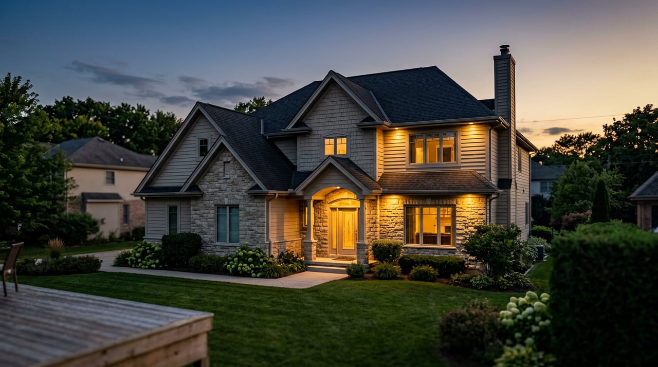 Two-story suburban house with stone entry, arched transom, three-car garage, and curving walkway at dusk.