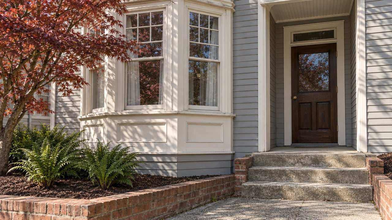 Painted wood home with a three-sided bay window, recessed oak entry, aged concrete steps and a burgundy Japanese maple.