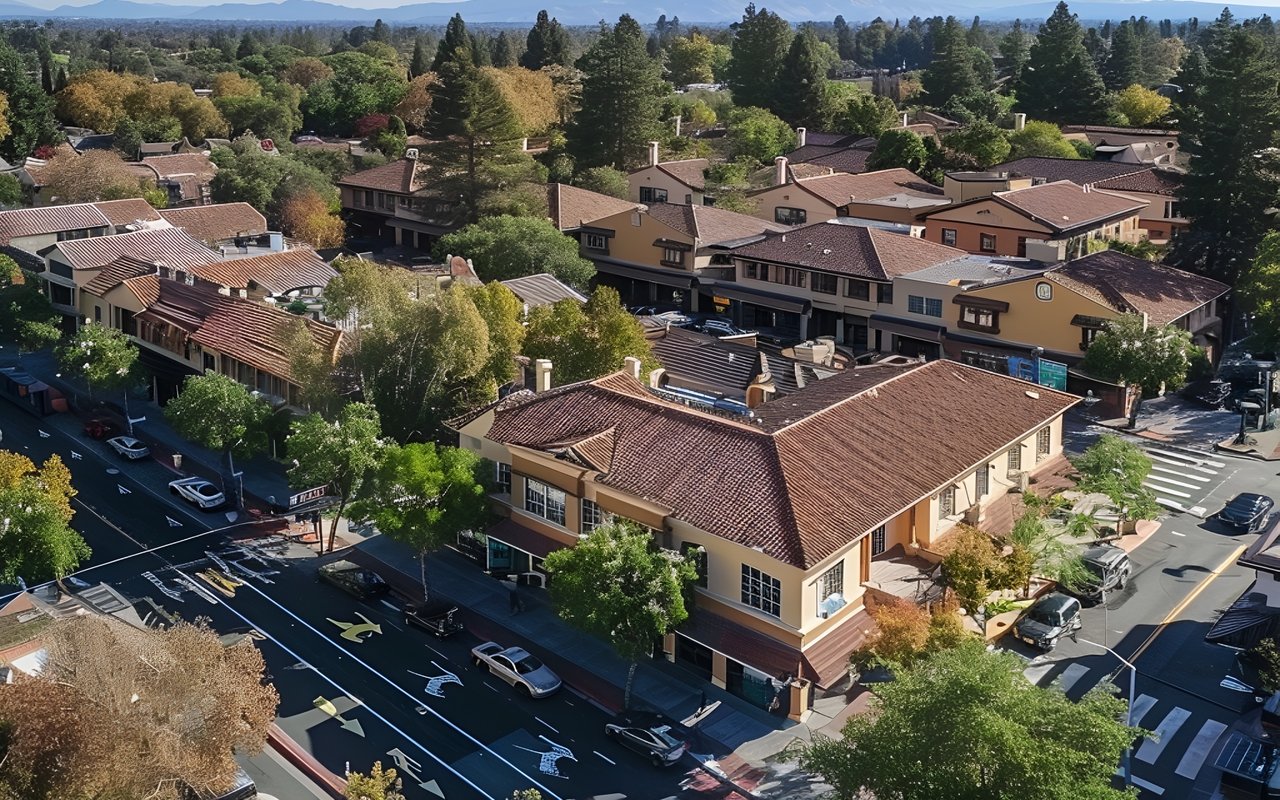 Aerial view of Menlo Park rooftops among mature trees, with mountains in the distance.