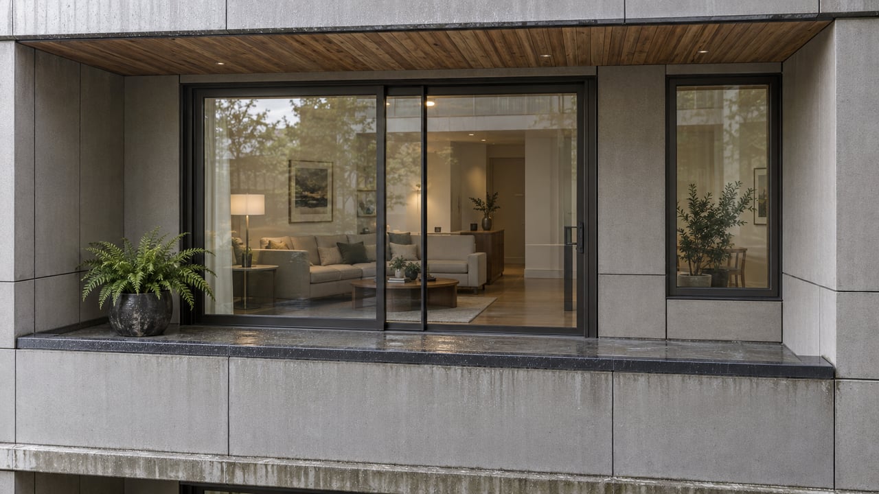 Upper-floor balcony with dark-framed glass doors, gray panel cladding, and a potted fern.