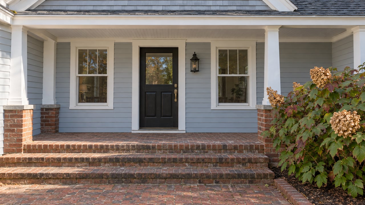 Pale-blue clapboard home with a black glazed entry door, white-trimmed windows, weathered brick steps and an oakleaf hydrangea.