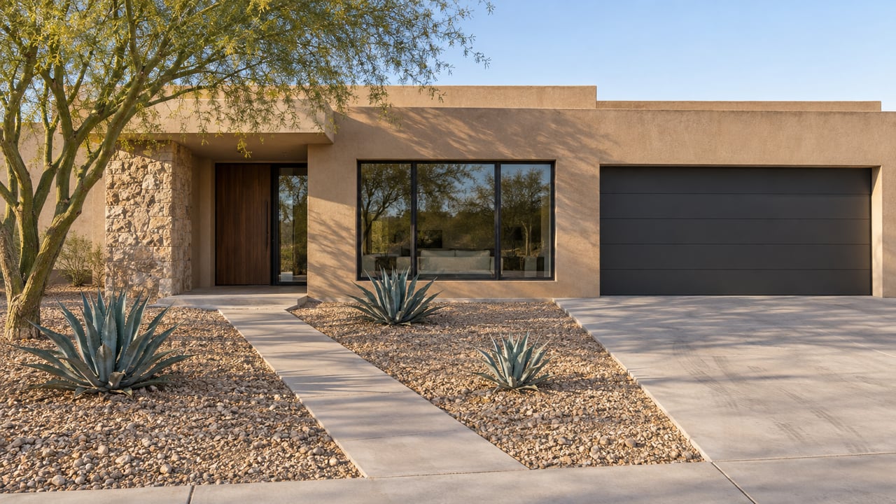 Sand-stucco contemporary home with a shaded entry, broad windows, charcoal garage, and a spacious gravel yard planted with a green-trunked tree and three agaves.