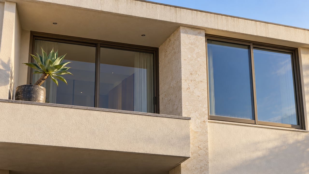 Close upward view of an ivory-stucco condominium balcony with bronze-framed glazing, pale limestone accents and one potted agave.