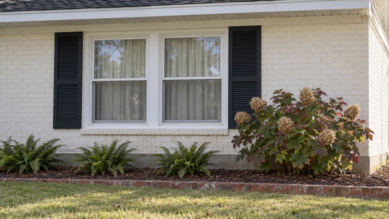 Sunlit painted-brick home with paired windows, black shutters, oakleaf hydrangea and a brick-edged planting bed.