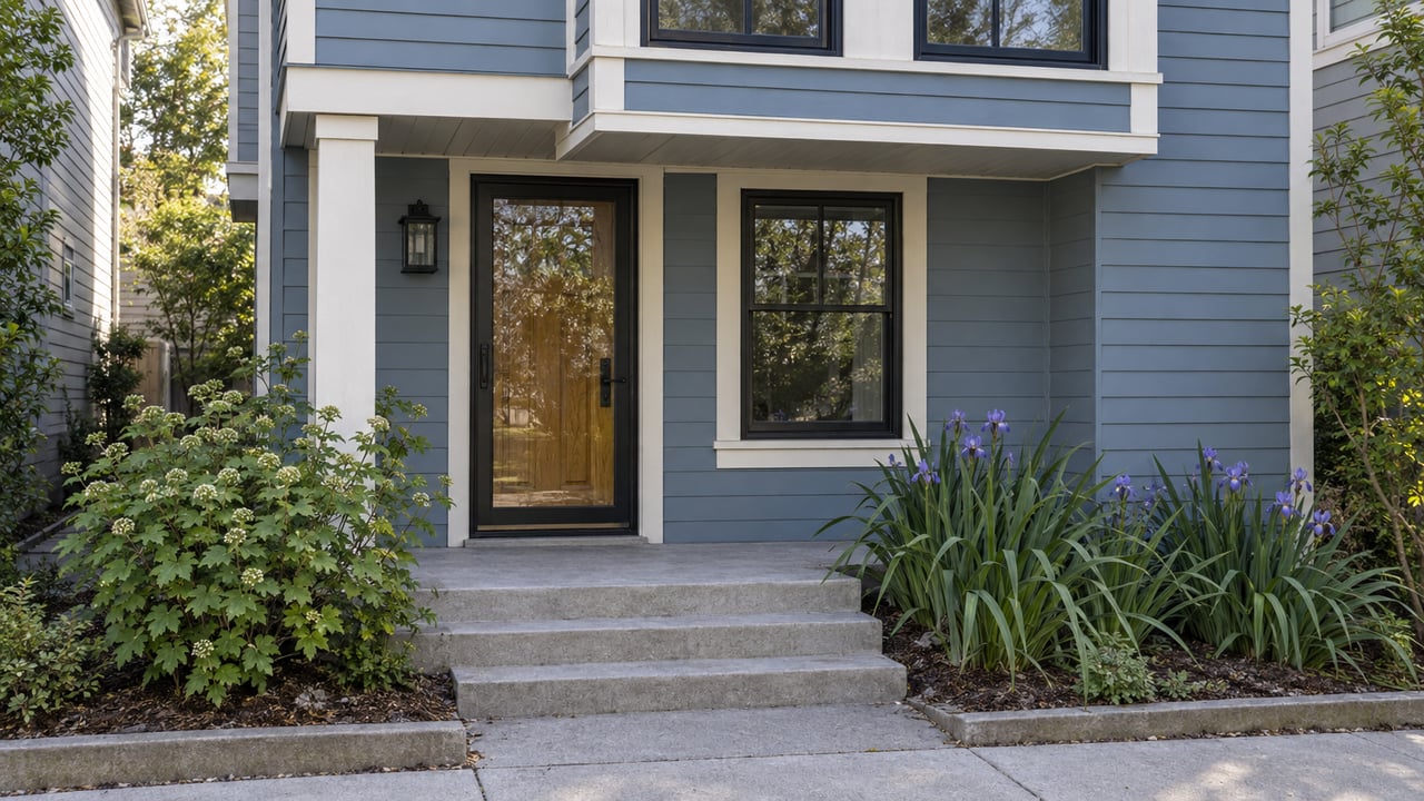 Blue clapboard entry with glazed storm door, concrete steps, black-framed windows, and iris clumps in a narrow bed.