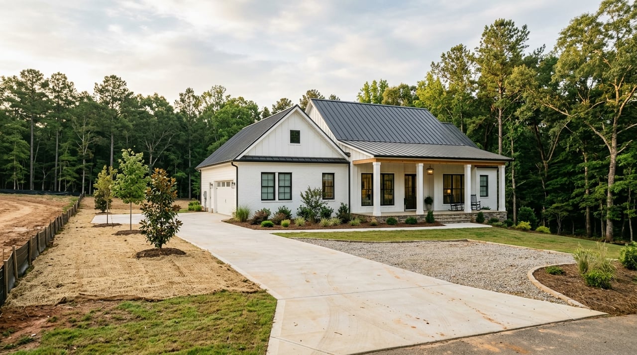White brick-and-board home with charcoal metal roof beside a graded, straw-covered building lot.