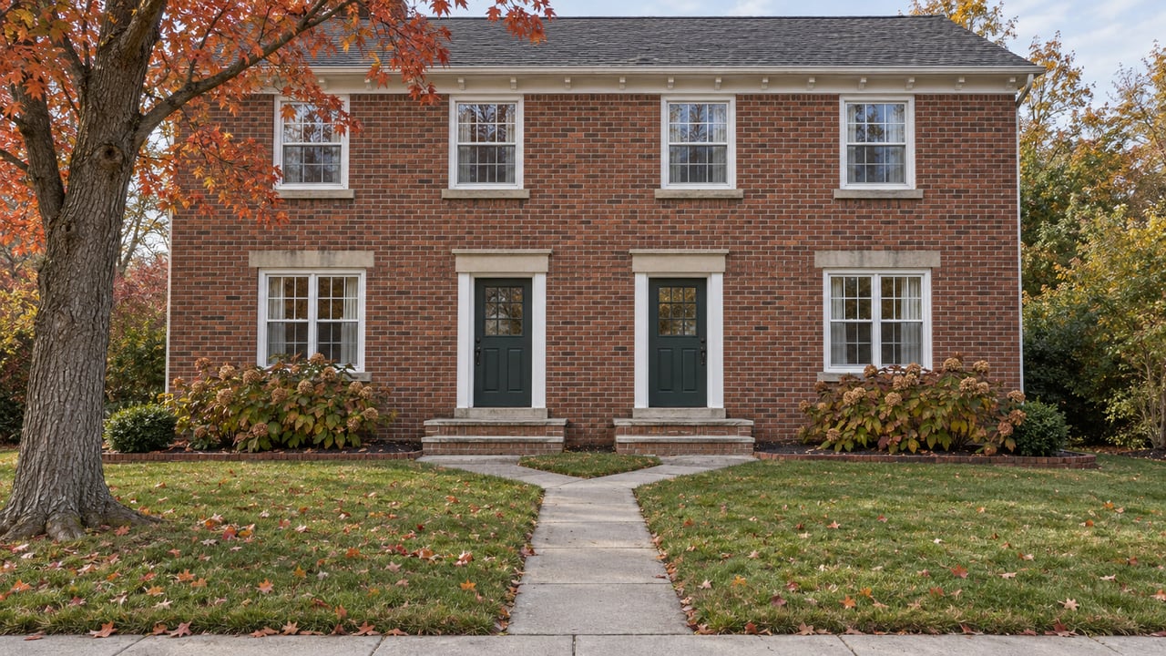 Two-story red-brown brick home with paired green entry doors, divided-light windows, a deep autumn lawn and a red maple.