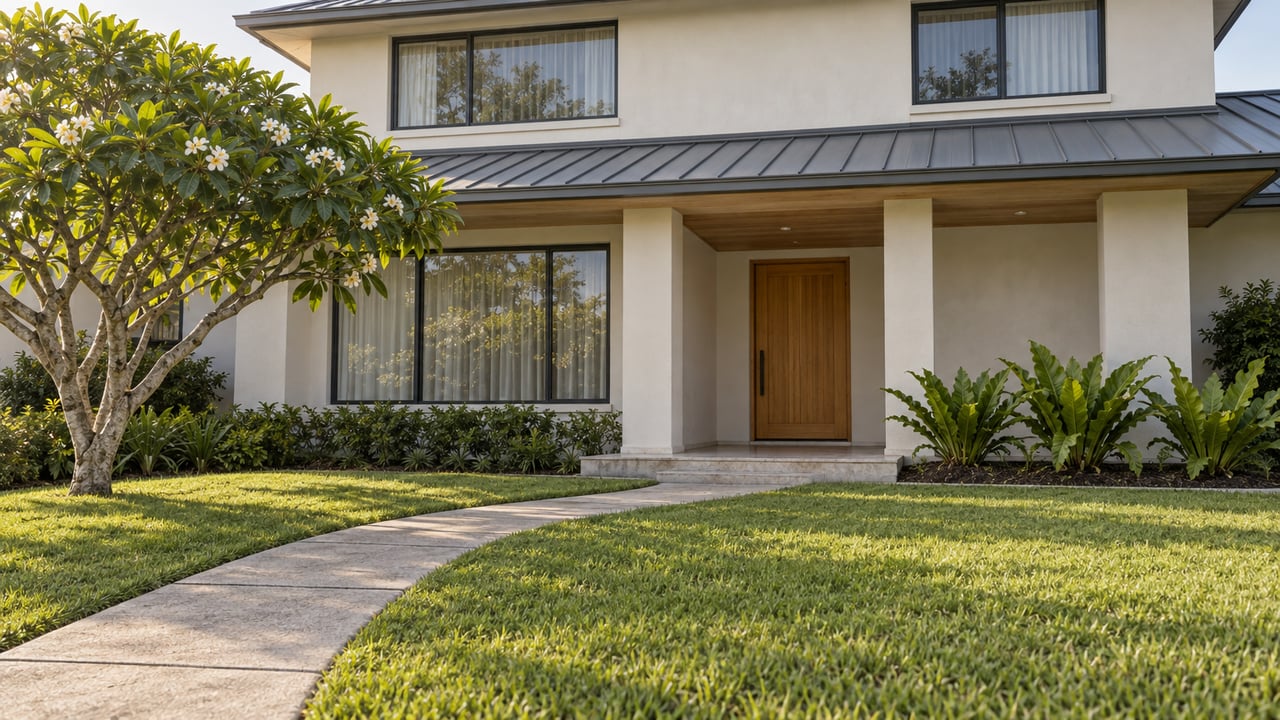 A well-kept stucco home with a sheltered timber entry, deep front lawn, and flowering plumeria in warm afternoon light.
