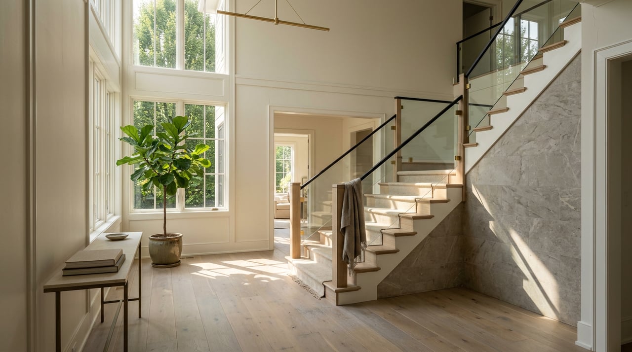 Oak staircase with glass railing beside tall windows, a fiddle-leaf fig and a narrow console table.