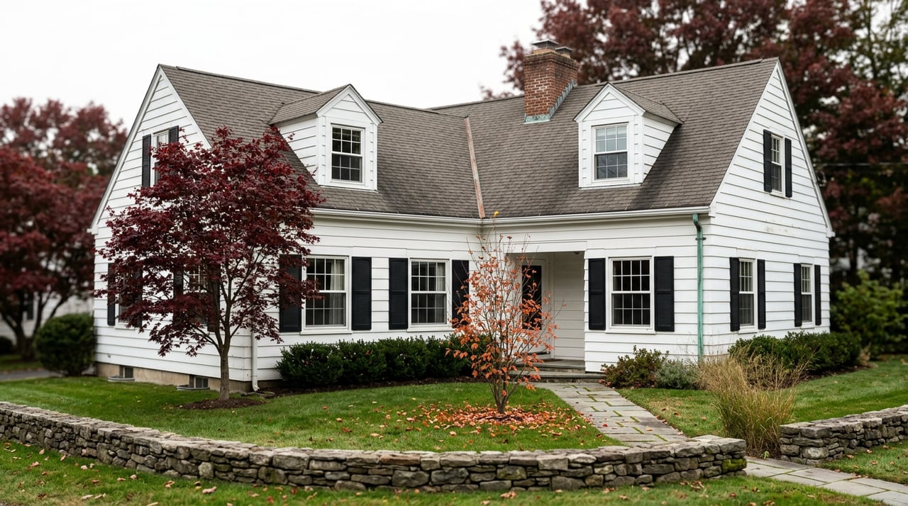 White Colonial home with a centered entry, crimson maple, bluestone path, and low fieldstone wall.