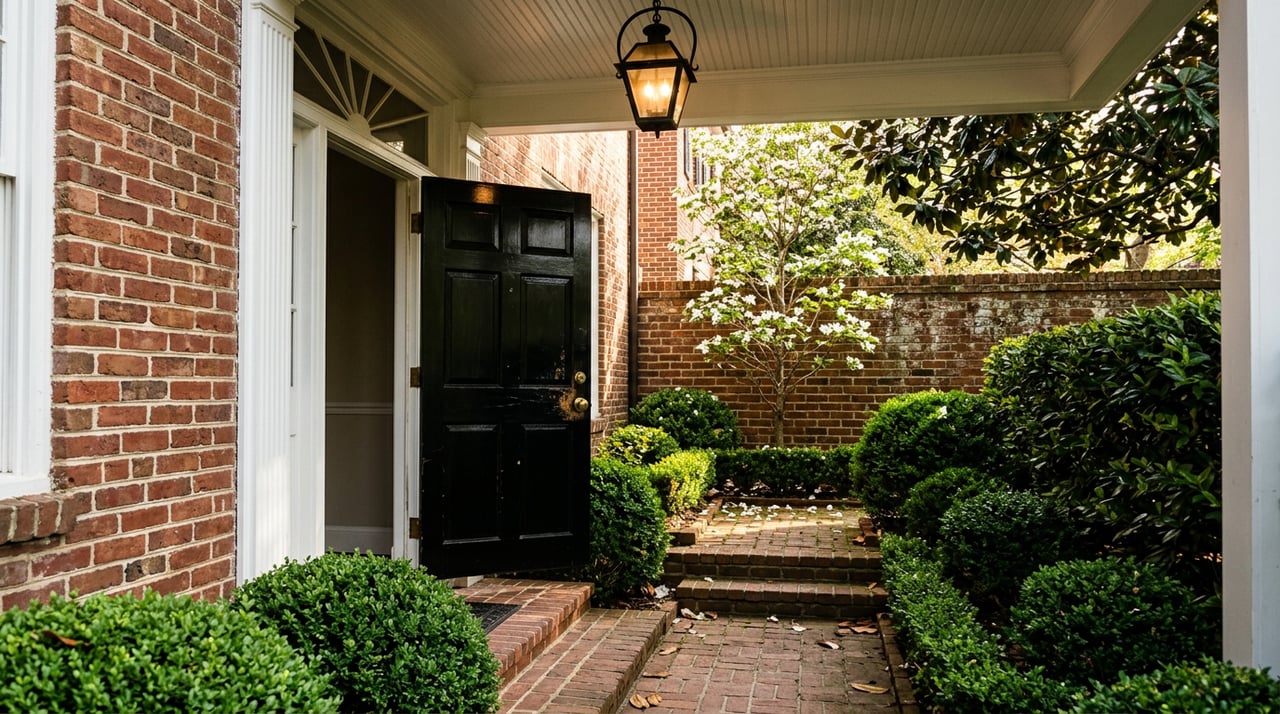 Open black door frames brick steps, clipped boxwoods, a flowering dogwood, and a low garden wall.